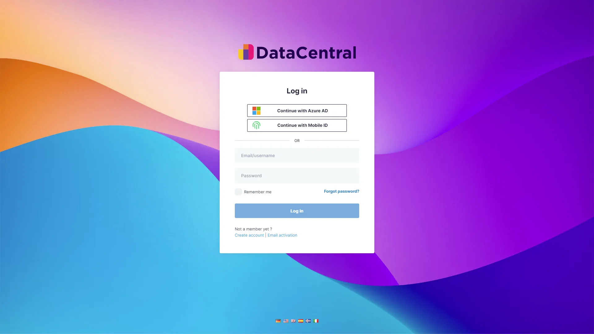 DataCentral tenant login page offering Continue with Azure AD, Continue with Mobile ID, and email and password sign-in